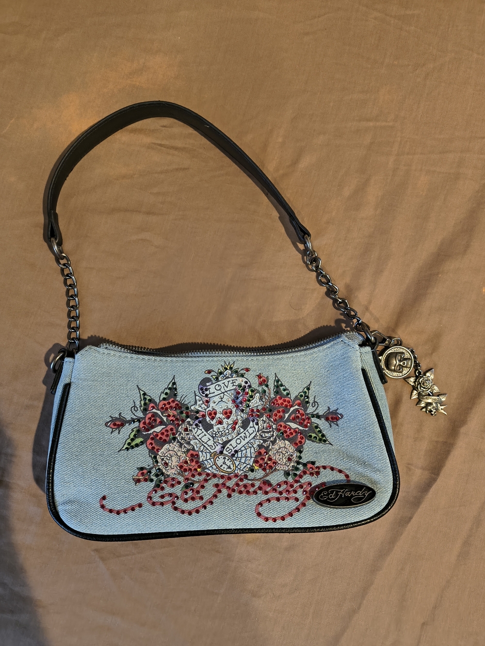 Ed Hardy Light Blue Denim Tattoo Floral Shoulder Bag with Charms